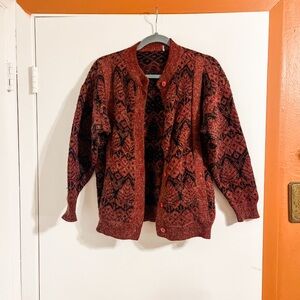 Vintage Burgundy and Black Botanical Patterned Cardigan with slight shimmer